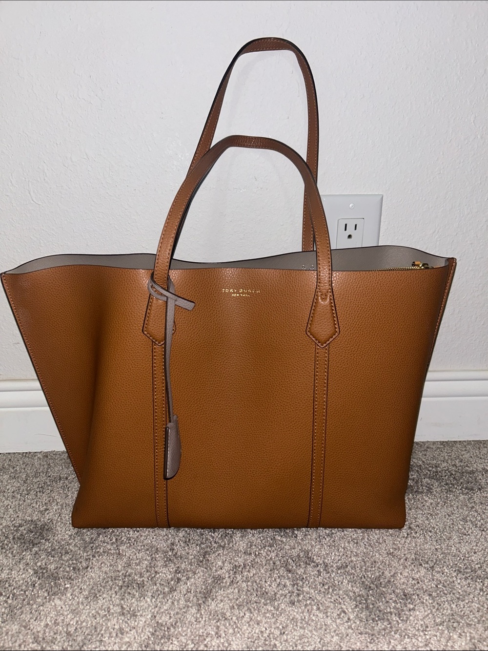 Tory Burch Cognac Pebbled Leather Tote with Taupe Tag Accents - Picture 4 of 14